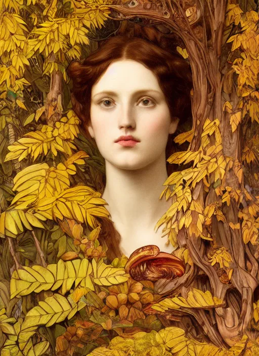 Prompt: masterpiece beautiful seductive flowing curves preraphaelite face portrait amongst leaves, extreme close up shot, straight bangs, thick set features, yellow ochre ornate medieval dress, magpie, amongst foliage mushroom forest circle arch framing, kilian eng and frederic leighton and rosetti, 4 k