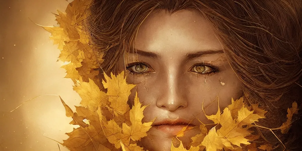 Image similar to golden leaves at frame border, creative!!! composition for a book cover!!!, absurdly beautiful, ultrafine hyperrealistic detailed old witch face by wlop and artgerm and greg rutkowski, intricate linework, sharp focus, smooth, octopath traveler, final fantasy, unreal engine, dramatic lighting, ethereal, 8 k