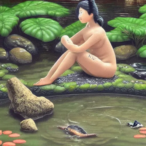 Prompt: japanese kappa relaxing by a pond, realistic, vibrant, extremely detailed