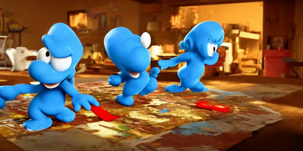Image similar to still frame from the video game smurf spaghetti, award - winning, stunningly realistic, volumetric lighting, coherent, no artifacts, cinematic, atmospheric, studio quality