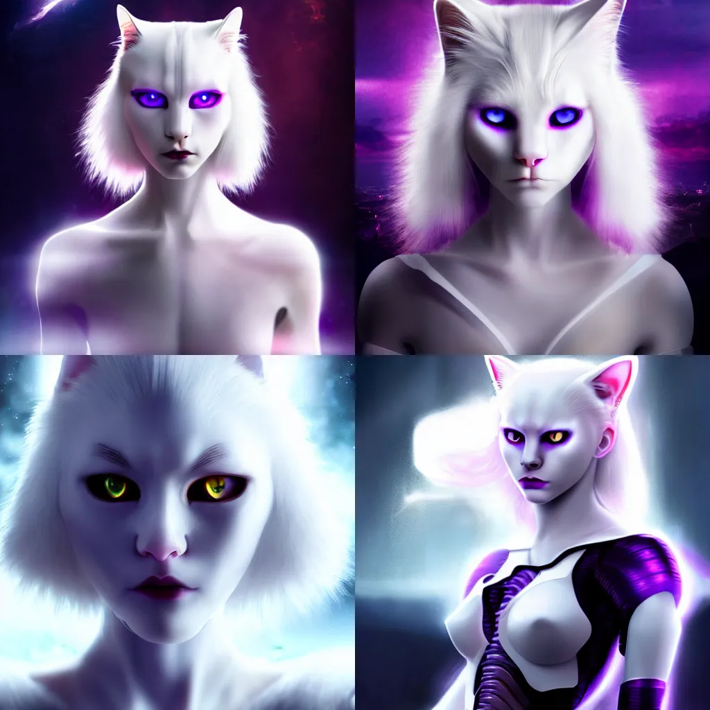 Prompt: white cat, partial cyborg, pale skin and purple eyes, white blonde hair, staring into the camera, high fantasy art movie poster, ultra hd, cinematic lighting,