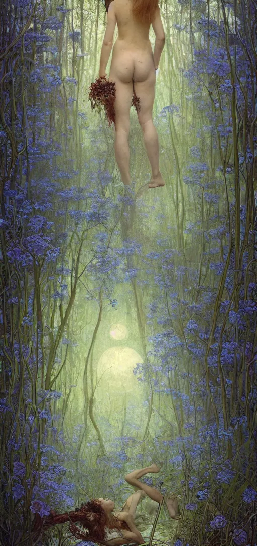 Image similar to painterly dreamy Kupala Night in the blue night forest with trees which have eyes, giant flowers, glowing owls, deers, beautiful women, lianas, thistles, giant fantasy creatures, a stream and sky with moon and stars by Alphonse Mucha, Beksinski, Alex Grey, Aron Wiesenfeld, tranding on artstation and Giger dark fantasy, witcher, very detailed oil painting in the alla prima style, volumetric lighting, masterpiece, 8k