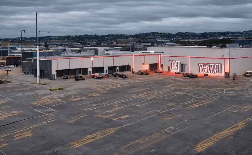 Image similar to industrial grey metal warehouse complex, large empty parking lot in front of it, in the center of the warehouse is a fast food restaurant with neon signs, sea in the background