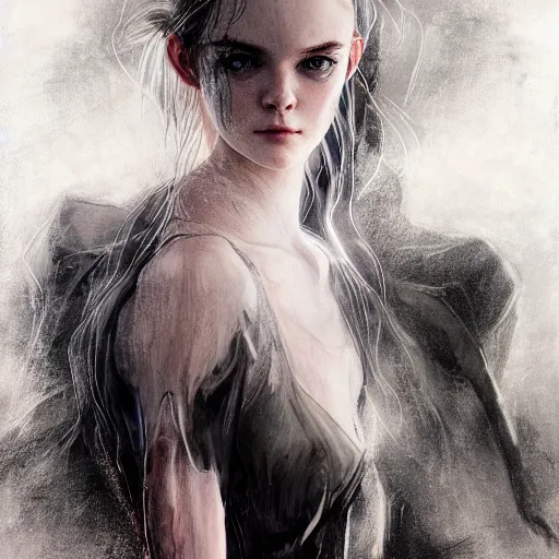 Image similar to elle fanning as a vampire in metal gear solid and death stranding, heavy rain, wind, thunder, reflections, deep focus, d & d, fantasy, intricate, elegant, highly detailed, digital painting, artstation, concept art, matte, sharp focus, illustration, hearthstone, art by artgerm and greg rutkowski and alphonse mucha