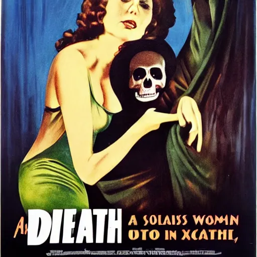 Image similar to a vintage movie poster 70s of a woman in love with Death, exploitation