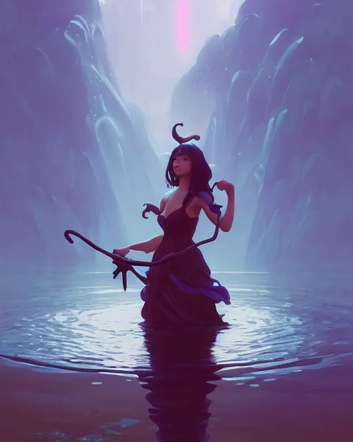 Image similar to highly detailed vfx portrait of a witch casting water magic, unreal engine, greg rutkowski, loish, rhads, beeple, makoto shinkai and lois van baarle, ilya kuvshinov, rossdraws, tom bagshaw, alphonse mucha, global illumination, detailed and intricate environment