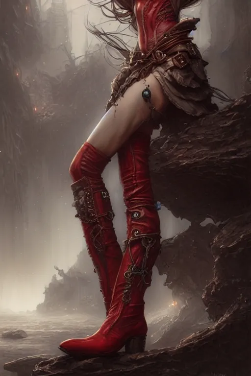 Image similar to red women's boots, shoes only, by wlop, by luis royo, by peter mohrbacher, concept art, digital illustration, intricate, masterpiece, elegant, super detailed, unreal engine rendering, smooth, sharp focus, artstation hq