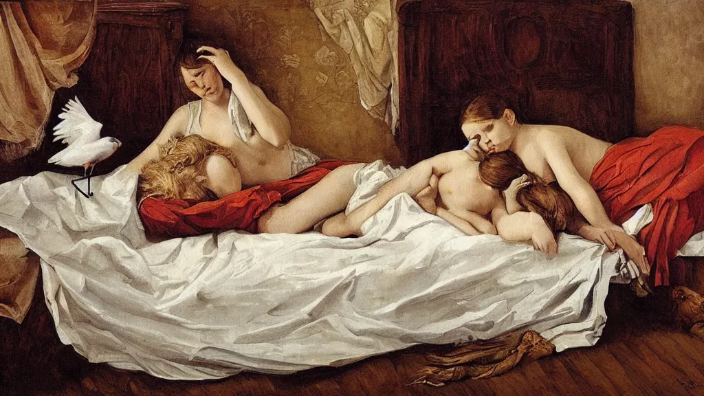 Prompt: girl lying next to a lion and a stork in a bed under white bed sheets, by guillermo lorca