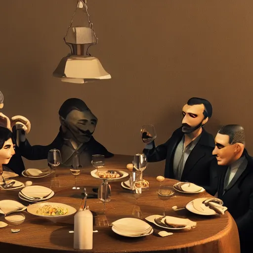 Image similar to a mafia family having dinner around a table, 3 d render octane, trending on artstation