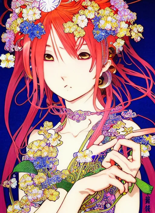 Image similar to exquisite imaginative manga poster art of genshin impact, flowers, pearlescent, shimmering, reflective, rim light, detailed background, by kojima ayami, shigenori soejima, minaba hideo, alphonse mucha, art nouveau, illustration, artstation, concept art, highly detailed, colorful, maximalist