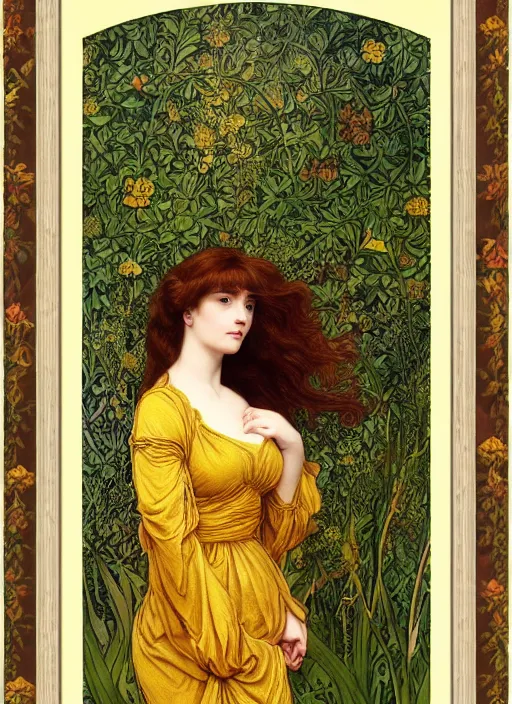 Image similar to masterpiece beautiful seductive flowing curves pose preraphaelite portrait photography, straight bangs, thick set, yellow ochre ornate medieval dress, mushroom forest arch, amongst foliage, william morris and kilian eng and mucha, framed, 4 k