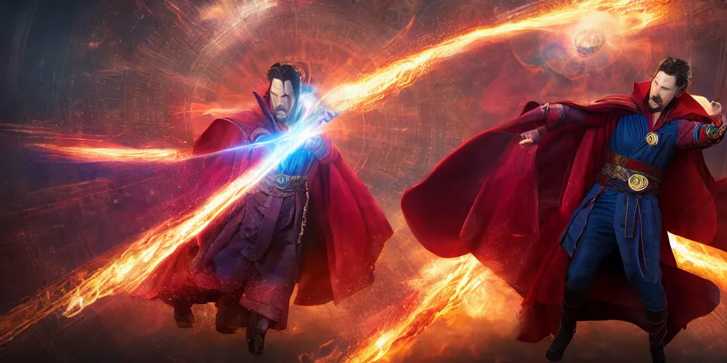 Image similar to Action sequence still of Doctor Strange and Scarlet Witch on the battlefield, fighting, Trending on artstation, photorealistic image, photorealistic imagery, 4k, 8k, movie still, action still