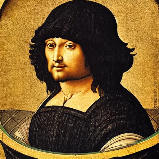 Prompt: a portrait of a fat but strong black haired king in the style of leonardo da vinci