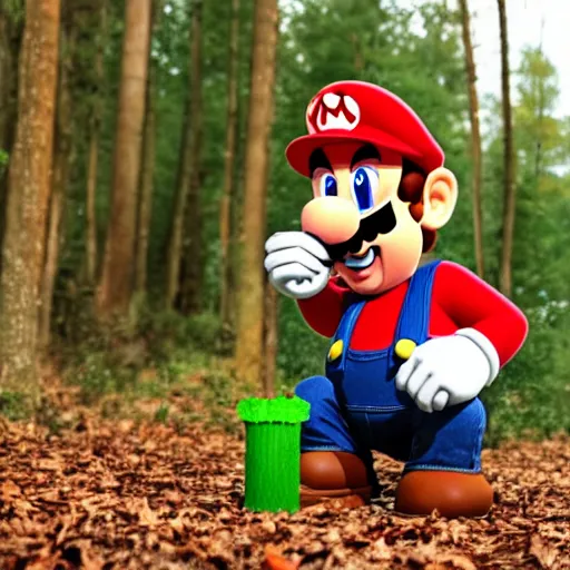 Image similar to real life photo of Super Mario sniffing a big red and white mushroom he just discovered in the woods, unable to hold back eating it with extreme glee, 4K photography