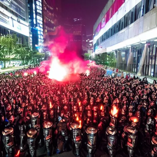 Prompt: 4 k wide angle gigantic army of instagram models surrounding the futuristic chinese tik tok headquarters during a protest with torch lighting at dusk