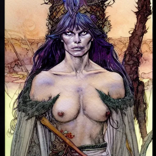 Image similar to a realistic and atmospheric watercolour fantasy character concept art portrait of brigitte bardot as a druidic warrior wizard looking at the camera with an intelligent gaze by rebecca guay, michael kaluta, charles vess and jean moebius giraud