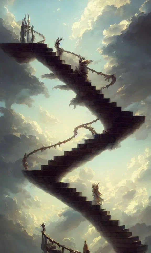 Image similar to straight staircase to heaven, sky full of clouds, art by greg rutkowski and peter mohrbacher, featured in artstation, octane render, cinematic, elegant, intricate, ultra detailed, rule of thirds, professional lighting, unreal engine, fantasy, concept art, sharp focus, illustration, 8 k