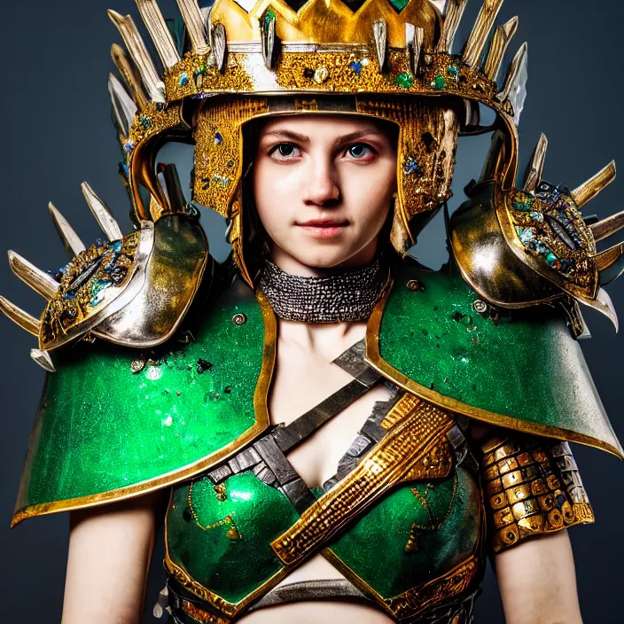 Image similar to photo of a cute beautiful warrior queen wearing emerald encrusted armour, highly detailed, 4 k, hdr, smooth, sharp focus, high resolution, award - winning photo