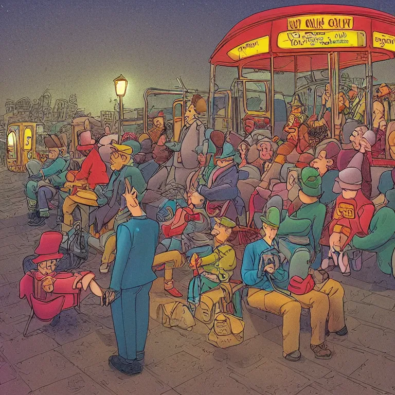 Prompt: some people waiting in bus stop in quiet dark city night, detailed, high quality, high resolution, color illustration by don rosa