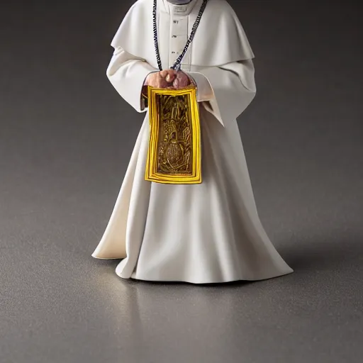 Prompt: an action figure of the pope, vinyl toy by pay jay figure, studio product photography, studio light, sigma 1 0 5 mm f 2. 8