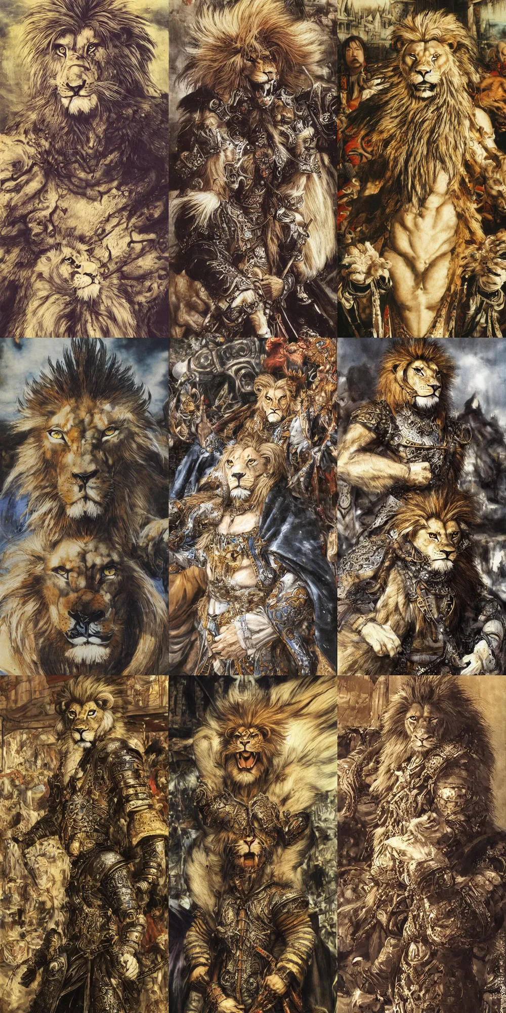 Image similar to 8 k yoshitaka amano painting of upper body of a young cool looking lion beastman with white mane at a medieval market at windy day. depth of field. he is wearing complex fantasy clothing. he has huge paws. renaissance style lighting.