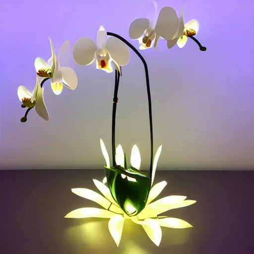 Prompt: an orchid flower, robotic, made of metal, shiny, LED lights, glowing