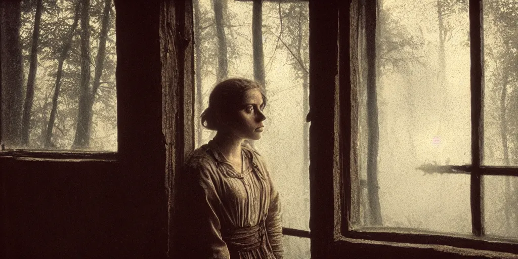 Prompt: portrait bust of young woman, solemn expression, faded color film, russian cinema, tarkovsky, kodachrome, old cabin, next to window, heavy forest outside, long brown hair, old clothing, heavy fog, hudson river school, 4 k, dramatic lighting, greg rutkowski