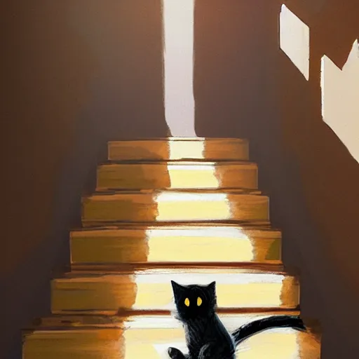Prompt: long shot of fluffy cat walking down the stairs, daytime, long shadows, highly detailed, warm colors, artstation, concept art, sharp focus, illustration, masterpiece