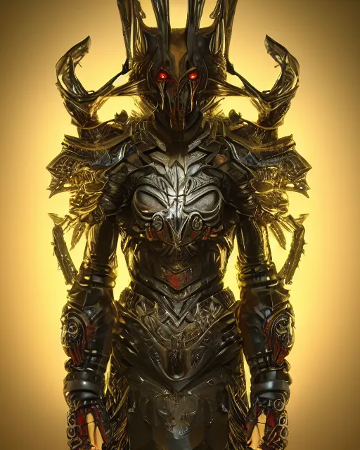 Image similar to a futuristic 3 d render portrait of ankou the evil lord wearing ornate armor made of highly detailed metal, surrealism, smooth, intricate, sinister, evil energy, death aura aura, neon glowing spells, matte painting, artstation, concept art, dark fantasy sci fi, sharp focus, cgsociety