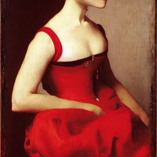 Prompt: sublime portrait of a woman in a red satin dress, very pale, graceful, Vermeer, Bouguereau, Van Dyck, Ingres, Rubens, Carolus-Duran, strong dramatic cinematic lighting, 17th-century, extremely detailed