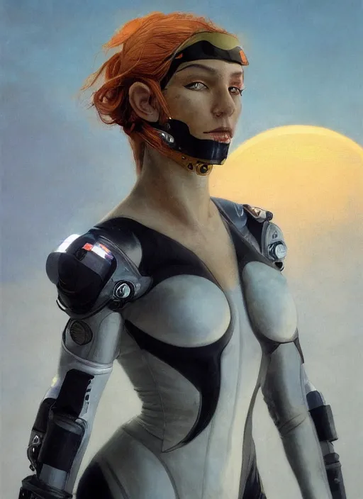 Image similar to symmetry!!! closeup portrait! of a racer pirate girl, cyborg jumpsuit, in clouds, cinematic light, windy, sunrise, by gerald brom, by mikhail vrubel, by peter elson, muted colors, extreme detail, trending on artstation, 8 k