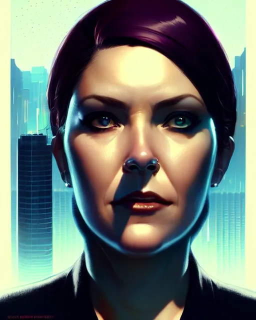 Image similar to cyberpunk corporate woman, overweight | | realistic shaded, fine details, realistic shaded lighting poster by greg rutkowski, diego gisbert llorens, magali villeneuve, artgerm, jeremy lipkin and rob rey