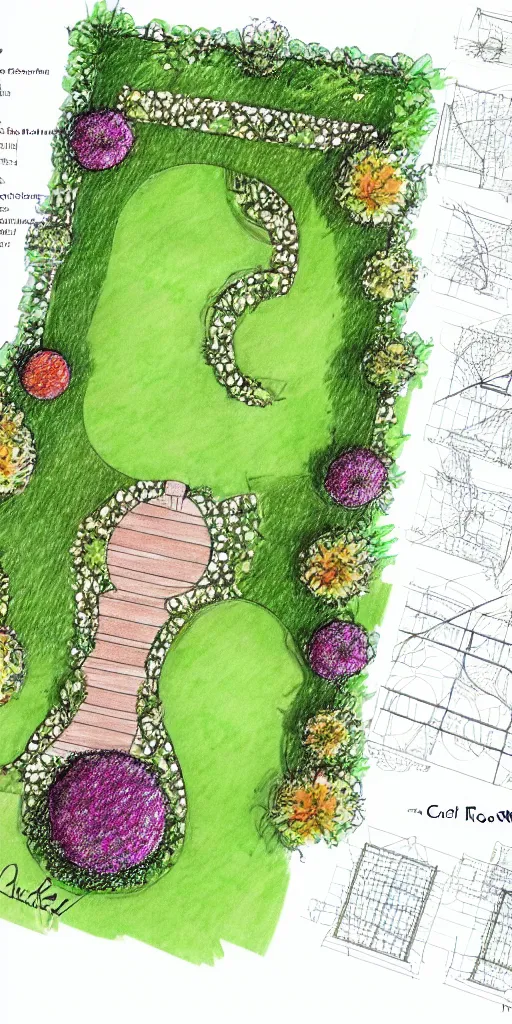 Prompt: highly technical garden plan, overhead plan sketch, garden design by charlotte rowe