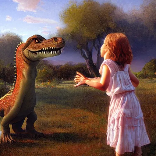 Prompt: dinosaur playing with a young girl by James Gurney