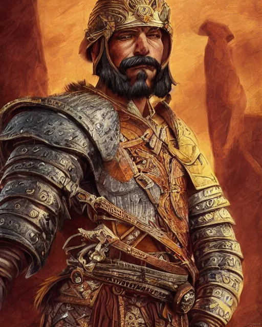 Prompt: digital painting of a warrior hernan cortes by filipe pagliuso and justin gerard, symmetric, fantasy, detailed, intricate, portrait, sharp focus, tarot card, handsome