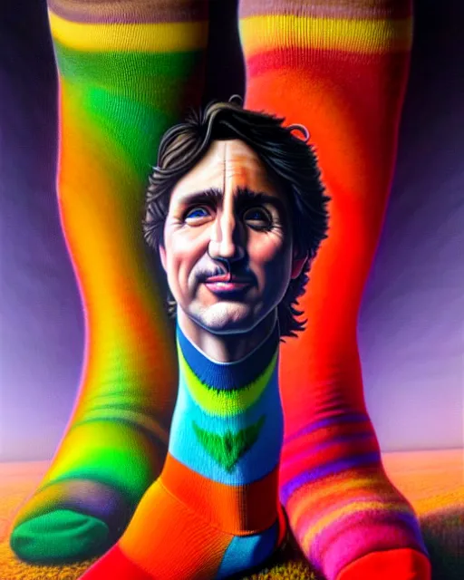 Image similar to detailed portrait of justin trudeau colorful socks!!! by tomasz alen kopera and peter mohrbacher and johanna martine! and margaret keane! coherent luminescent