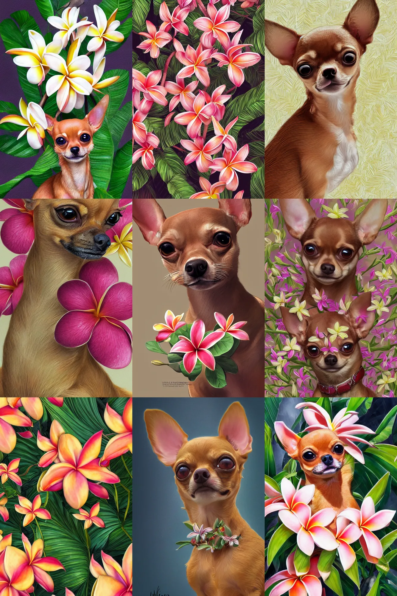 Image similar to ultra realistic illustration, portrait of a tan chihuahua plumeria tropical bouquet background, close up shot, fantasy, intricate, elegant, highly detailed, digital painting, artstation, concept art, smooth, sharp focus, illustration, surrealism