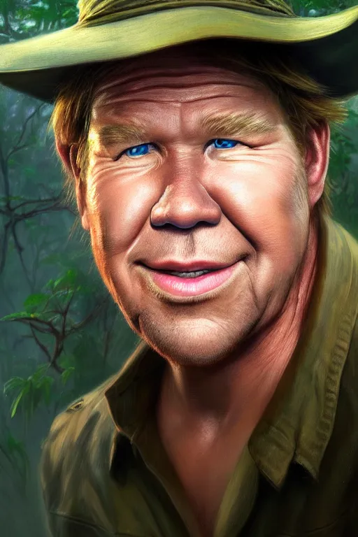 Image similar to ultra detailed close up facial portrait of steve irwin the crocodile hunter, extremely detailed digital painting, in the style of fenghua zhong and ruan jia and jeremy lipking and peter mohrbacher, mystical colors, rim light, beautiful lighting, 8 k, stunning scene, raytracing, octane, trending on artstation