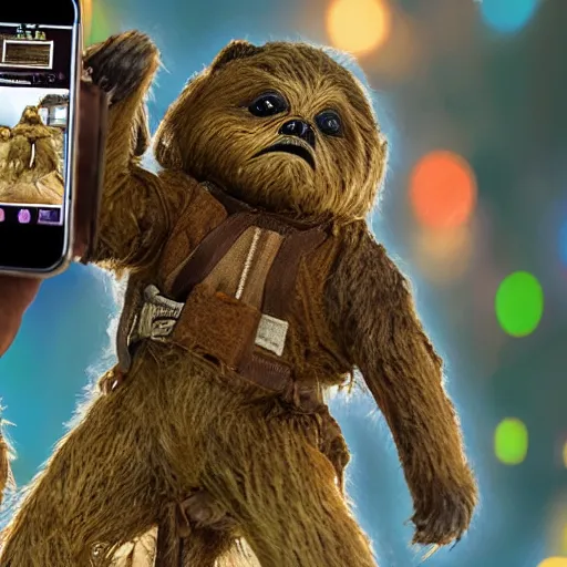 Image similar to Ewoks taking a selfie at Walmart, intricate detail, photo realistic, subsurface scatter, stage lighting, vray render, cinematic quality