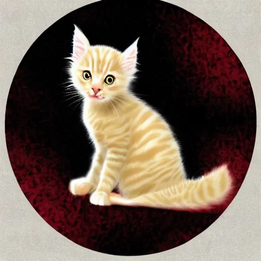 Image similar to a playful cream colored maine coon kitten is alone in a dark and dusty parlor. it plays with cat toys on a colorful round throw rug. 8 k, 4 k, digital art, artstation