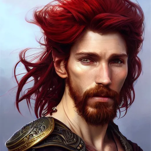 Image similar to portrait of a young ruggedly handsome but joyus pirate, male, masculine, upper body, red hair, very long hair, d & d, fantasy, intricate, elegant, highly detailed, digital painting, artstation, concept art, matte, sharp focus, illustration, art by artgerm and greg rutkowski and alphonse mucha