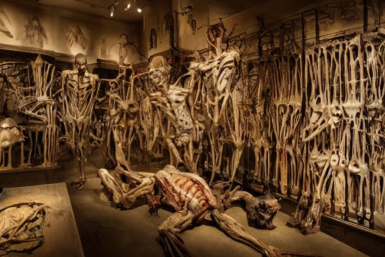 Prompt: inside a museum, a room where anatomical body parts are piece of arts by Rob Bottin at night, filth and grim, very detailed, ultra realistic photography, grainy image