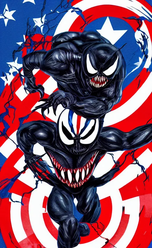 Image similar to full body portrait of venom as captain america, dynamic lighting, cinematic, ultra detailed, trending on art station, stunning visuals, creative, fantasy concept art