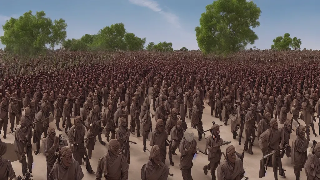 Prompt: Obama clones marching for war dress like the army from 300; render by Beeple, 4K