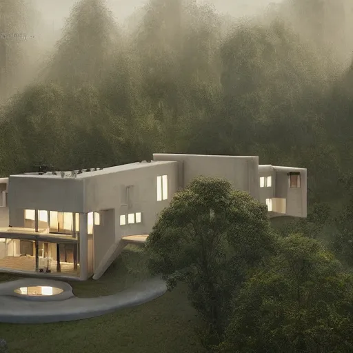 Prompt: beige rectangular house with big central atrium, on a hill surrounded by big trees, dramatic lighting, artstation, matte painting, raphael lacoste, simon stalenhag, frank lloyd wright, zaha hadid, drone view