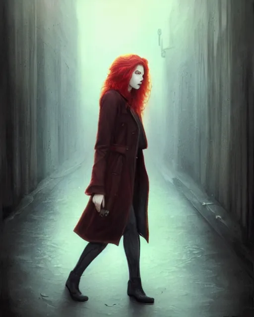 Prompt: A ultradetailed beautiful portrait painting of a mysterious redhaired woman in a trenchcoat walking towards me in a dark alley at night by tom bagshaw concept art, trending on deviantart, illustration, film noire.