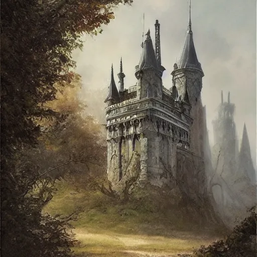 Image similar to Jean-Baptiste Monge and Alex Ross a artwork of a gothic revival castle gatehouse