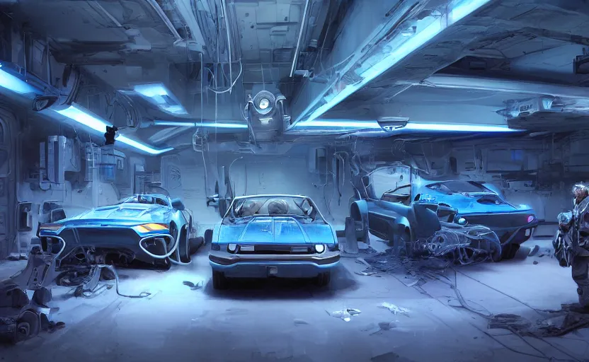 Prompt: interior shot, scifi robot repair workshop, large blue mustang car, full car profile shot with 35mm, futuristic product car shot, neon lights, cinematic lighting, Craig Mullins, Greg Rutkowski, volumetric light, artstation, octane render