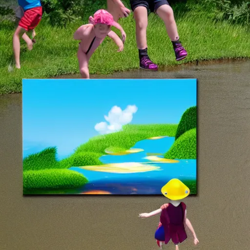 Image similar to kids going down a waterside in a watermark in the style of pixar