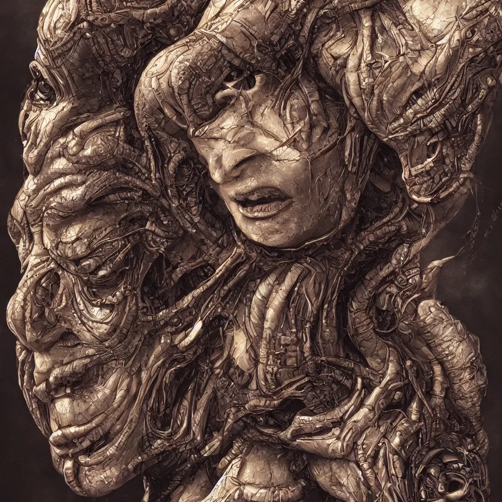 Prompt: terrifying bust portrait of a beautiful exotic alien queen by travis charest and chris achilleos, an intricate, elegant, highly detailed digital painting, concept art, smooth, sharp focus, mixed media illustrationhyperrealism, extremely hyperdetailed